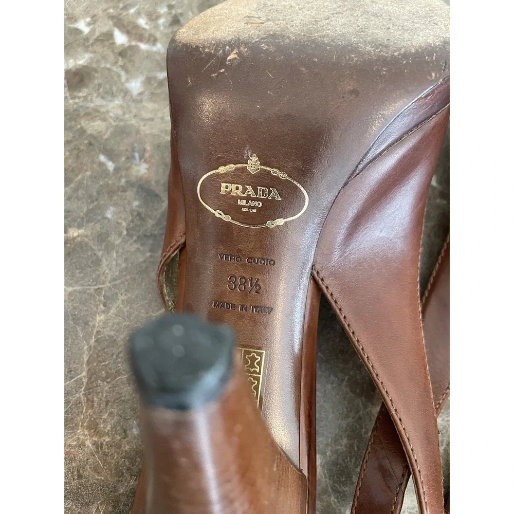 PRADA Brown Leather Platform Pumps Sling Back Wood Cone Heel Peep Toe 38.5 - 8.5